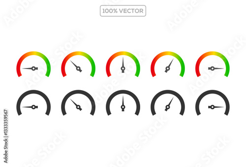 Speedometer meter indicators. Low, medium, high and risk levels. Good, bad, fear and greed index for cryptocurrency and stock market