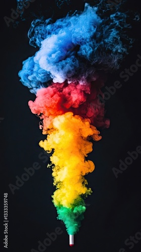 Colorful smoke bomb explodes against black background; vibrant art, design, party