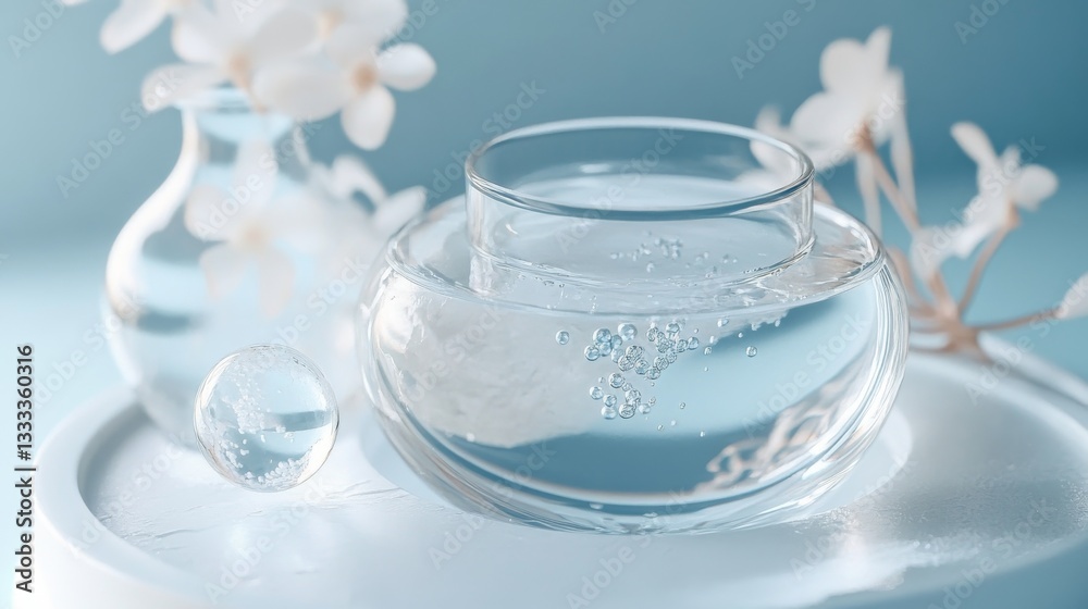 Elegant scientific cosmetic render, floating glass bubbles, molecular beauty concept, pristine laboratory aesthetic, gentle flowing curves, translucent sphere collection, premium product Elegant scientific cosmetic render, floating glass bubbles, molecular beauty concept, pristine laboratory aesthetic, gentle flowing curves, translucent sphere collection, premium product