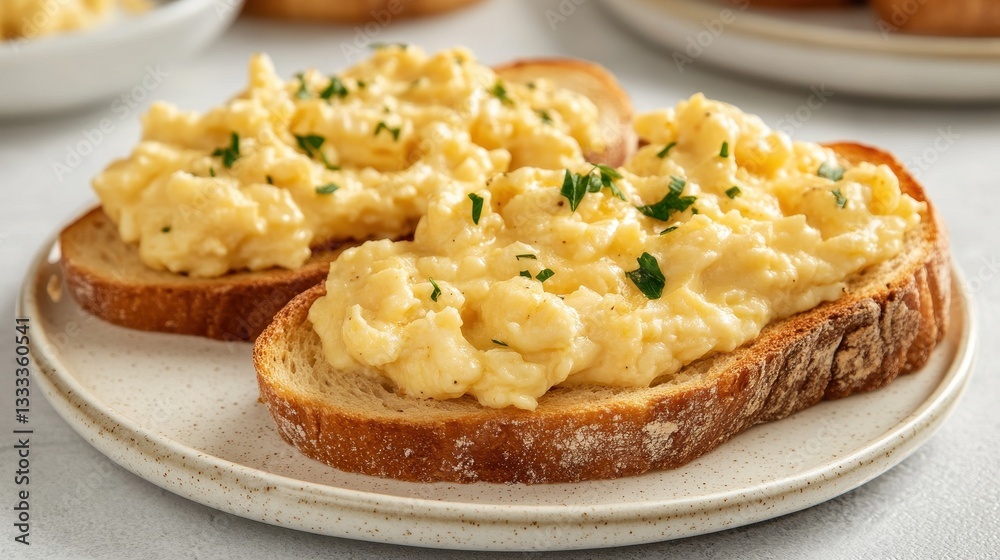 Creamy Scrambled Eggs on Toast with Fresh Herbs and Toasted Bread Creamy Scrambled Eggs on Toast with Fresh Herbs and Toasted Bread