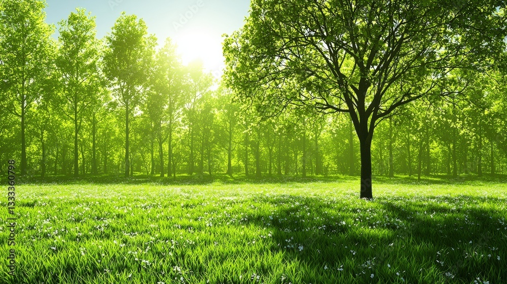 Lush Green Meadow with Tall Trees Under a Bright Sunlight in a Calm Nature Setting Lush Green Meadow with Tall Trees Under a Bright Sunlight in a Calm Nature Setting