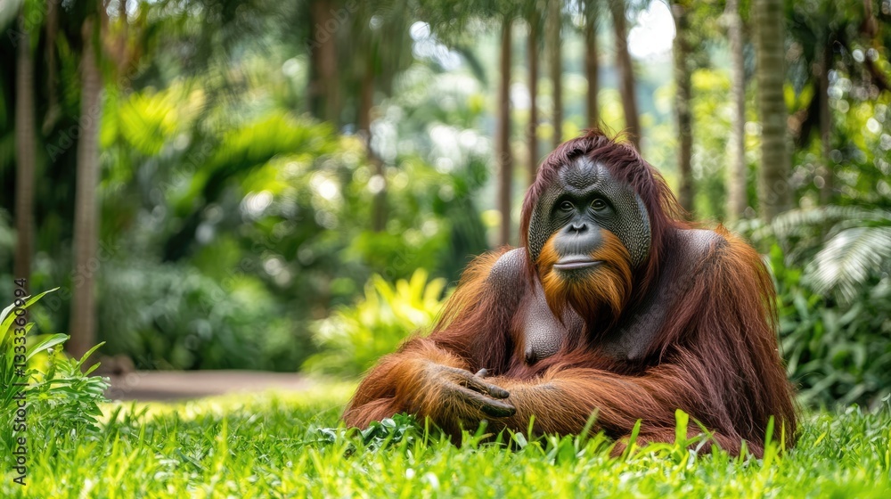 Obraz premium Orangutan Sitting in Lush Green Foliage