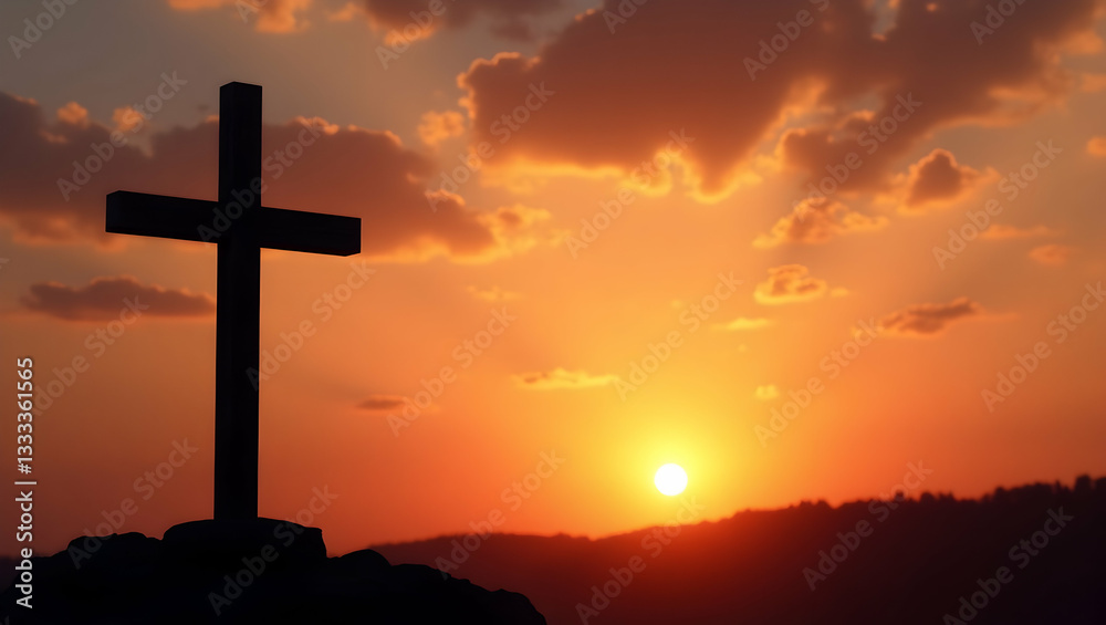 Silhouette of a Christian Cross Against a Vibrant Sunset Sky Landscape Silhouette of a Christian Cross Against a Vibrant Sunset Sky Landscape