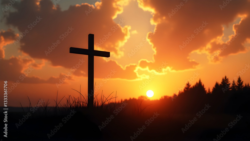 Silhouette of a Christian cross against a fiery sunset sky landscape Silhouette of a Christian cross against a fiery sunset sky landscape