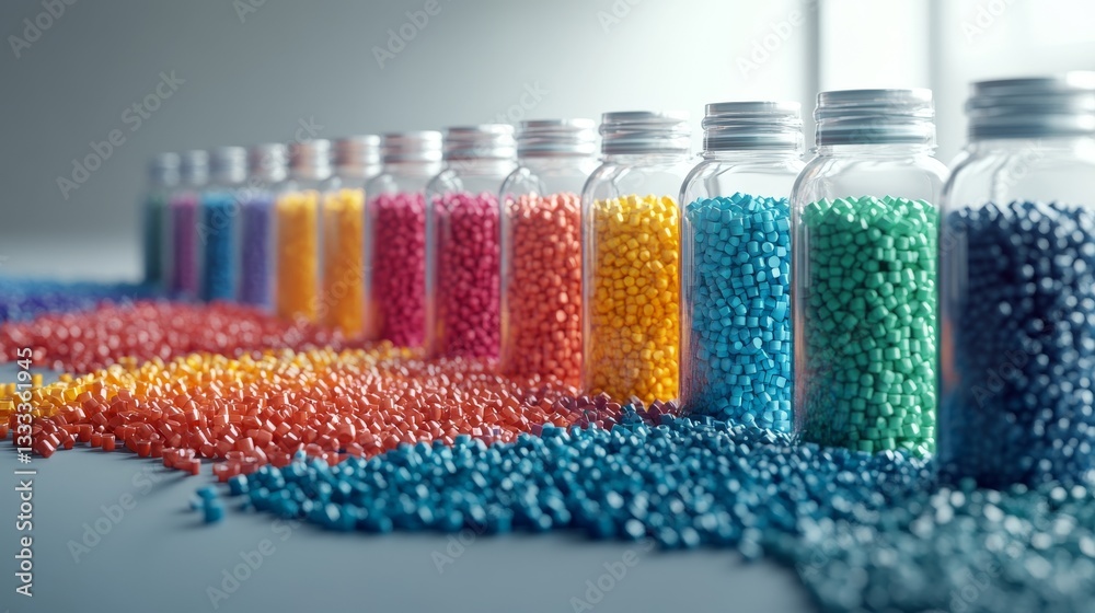 Laboratory setting with neat rows of plastic pellets in various colors transforming into new bottle shapes, gradient progression showing recycling process, soft diffused lighting, minimalist Laboratory setting with neat rows of plastic pellets in various colors transforming into new bottle shapes, gradient progression showing recycling process, soft diffused lighting, minimalist