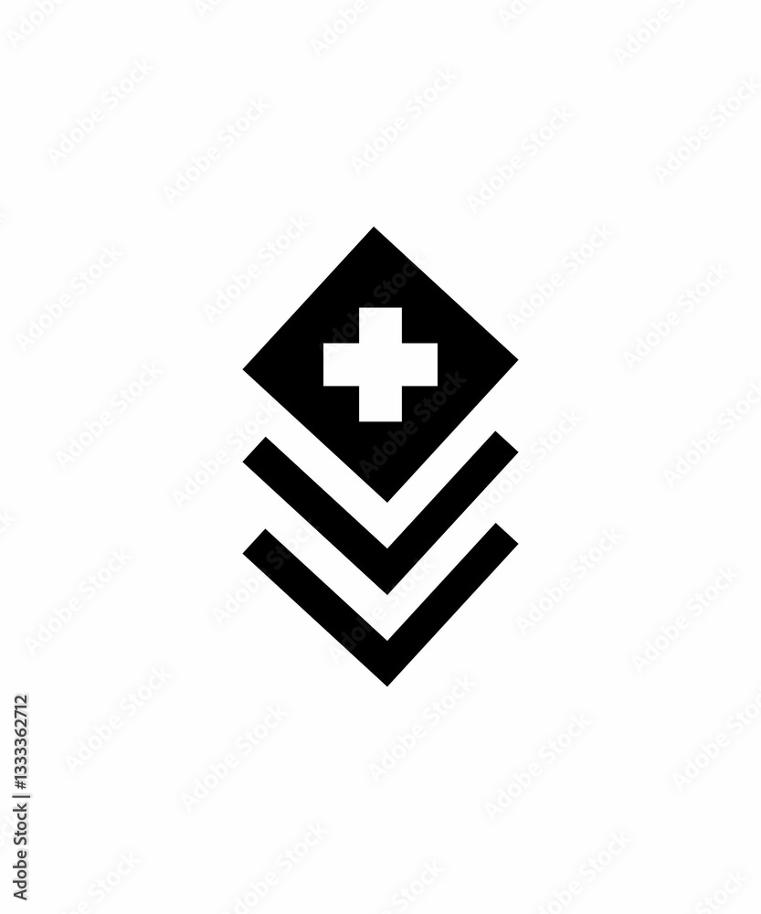 Abstract medical icon with a plus sign symbol inside a diamond shape and two chevron lines below it Abstract medical icon with a plus sign symbol inside a diamond shape and two chevron lines below it