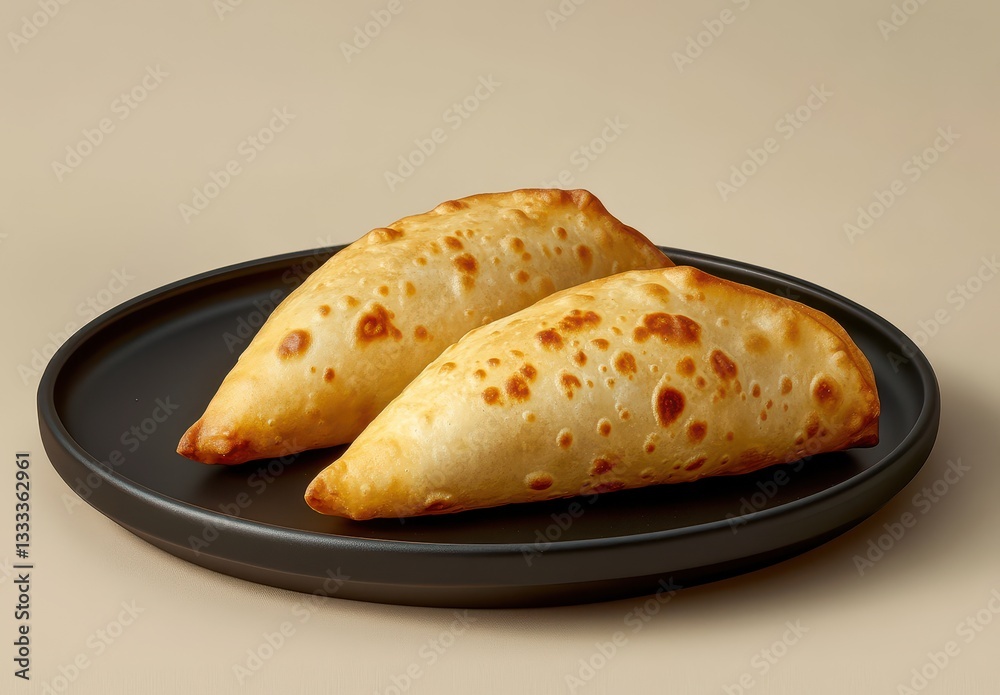 Golden Brown Savory Pastries on a Black Plate with Smooth Beige Background Ideal for Gastronomy and Culinary Themes