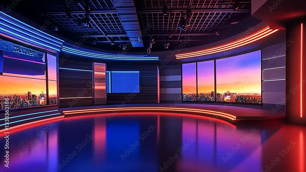 Modern broadcast studio with vibrant lighting, panoramic city view, and sunset backdrop