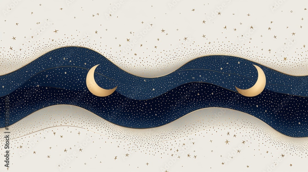 Obraz premium Serene Night Sky with Golden Crescent Moons and Starry Background in Elegant Flowing Design