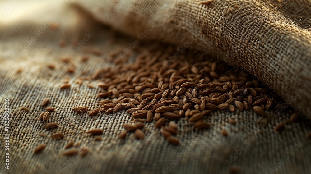 Organic Cumin Seeds on Rustic Linen Cloth – Earthy and Textured Close-Up Organic Cumin Seeds on Rustic Linen Cloth – Earthy and Textured Close-Up