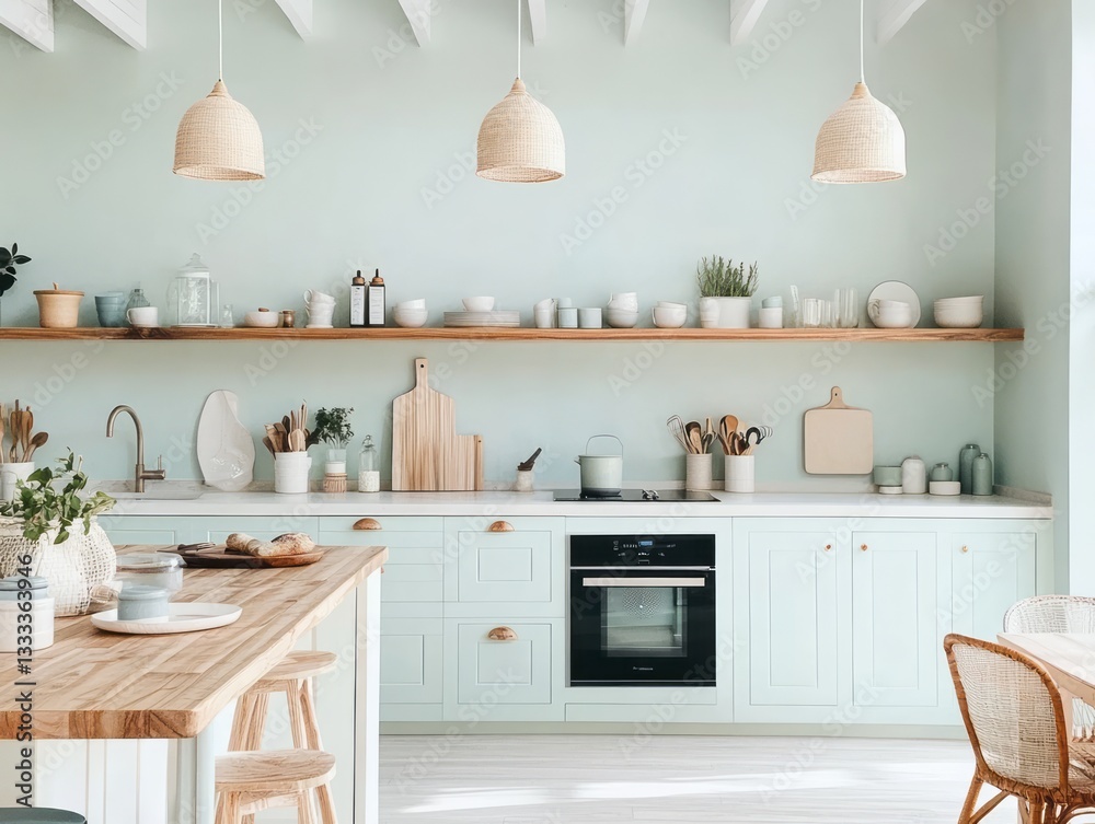 Fototapeta premium A modern kitchen interior with bright colors and shelves