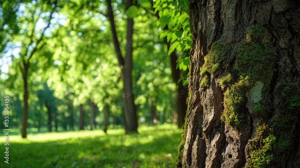 Majestic Forest Scene with Green Foliage and Textured Tree Bark Majestic Forest Scene with Green Foliage and Textured Tree Bark