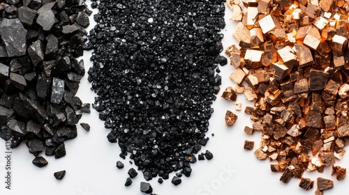 Scientific documentation style photograph of rare earth elements, contrasting piles of black coal and copper-colored mineral fragments, precise focus on material textures, clean white backdrop,