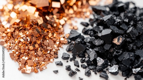 Scientific documentation style photograph of rare earth elements, contrasting piles of black coal and copper-colored mineral fragments, precise focus on material textures, clean white backdrop,