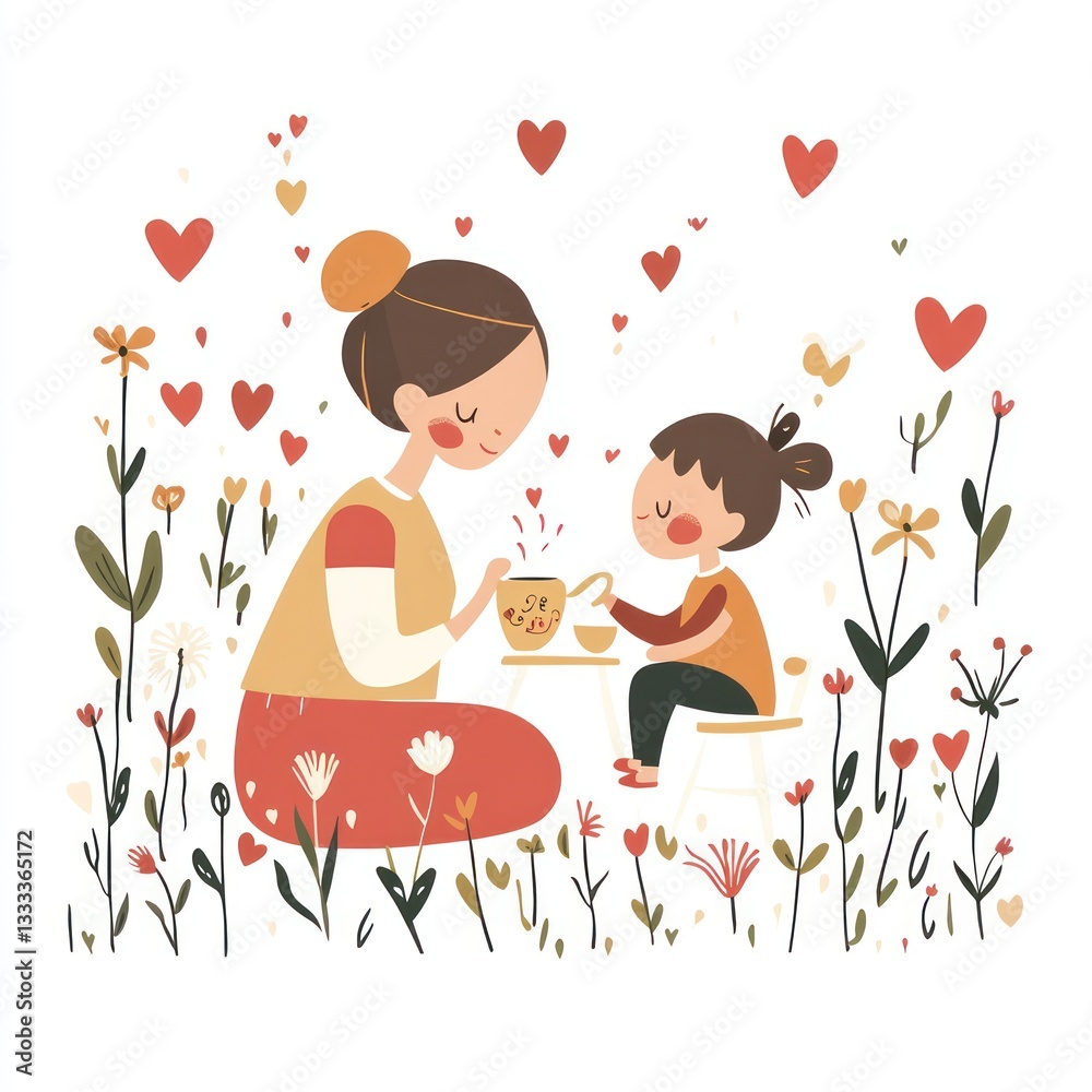 Mother and Child Having Tea in a Field of Flowers Illustration Mother and Child Having Tea in a Field of Flowers Illustration