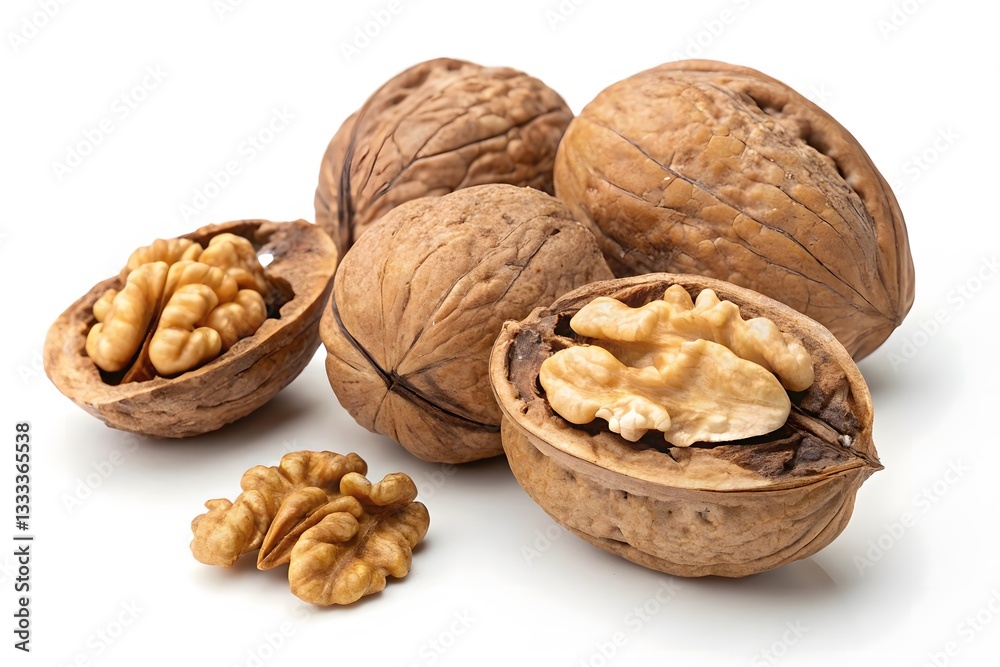 Cracked and Whole Walnuts with Fresh Leaves on White Background. Cracked and Whole Walnuts with Fresh Leaves on White Background.