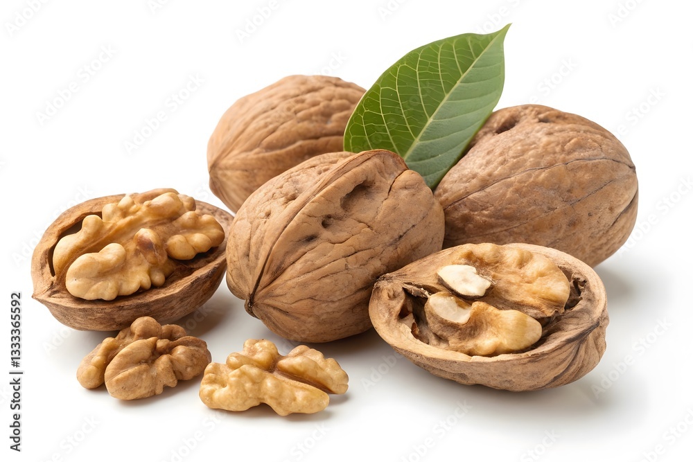 Fresh Walnuts with Green Leaves on Clean White Background. Fresh Walnuts with Green Leaves on Clean White Background.