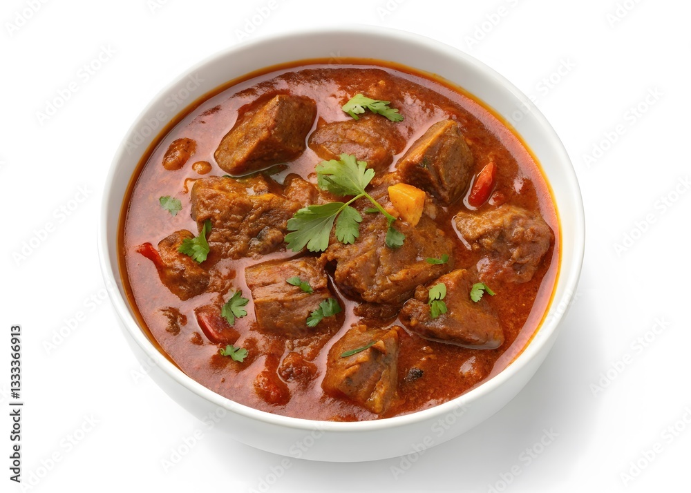 Succulent Beef Curry Topped with Fresh Cilantro in White Bowl. Succulent Beef Curry Topped with Fresh Cilantro in White Bowl.