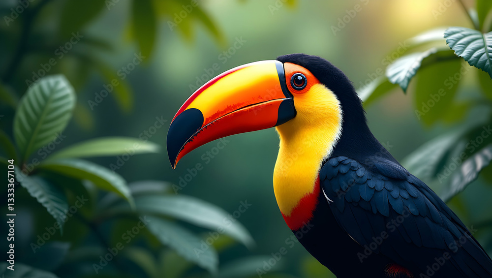 Fototapeta premium Vibrant Toucan Portrait, A Colorful Bird in Lush Greenery Painting