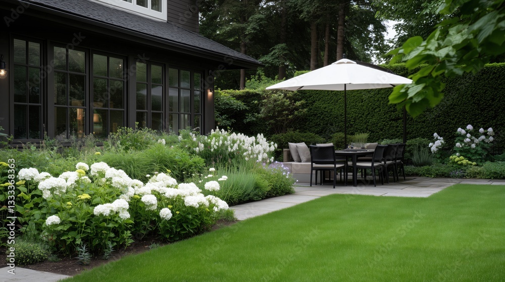 custom made wallpaper toronto digitalA large patio with a white umbrella and a table with chairs. The patio is surrounded by a hedge and has a variety of flowers
