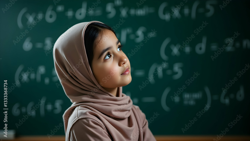 Young Girl in Hijab Contemplates Algebra on Blackboard in Classroom Setting