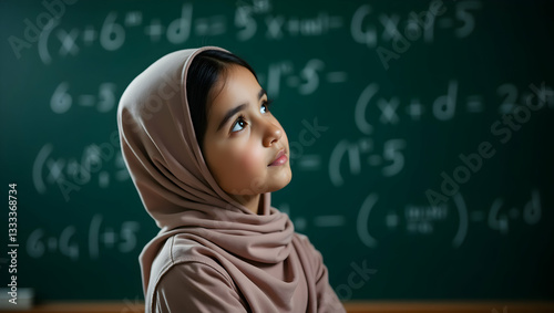 Obraz na płótnie Young Girl in Hijab Contemplates Algebra on Blackboard in Classroom Setting w salonie