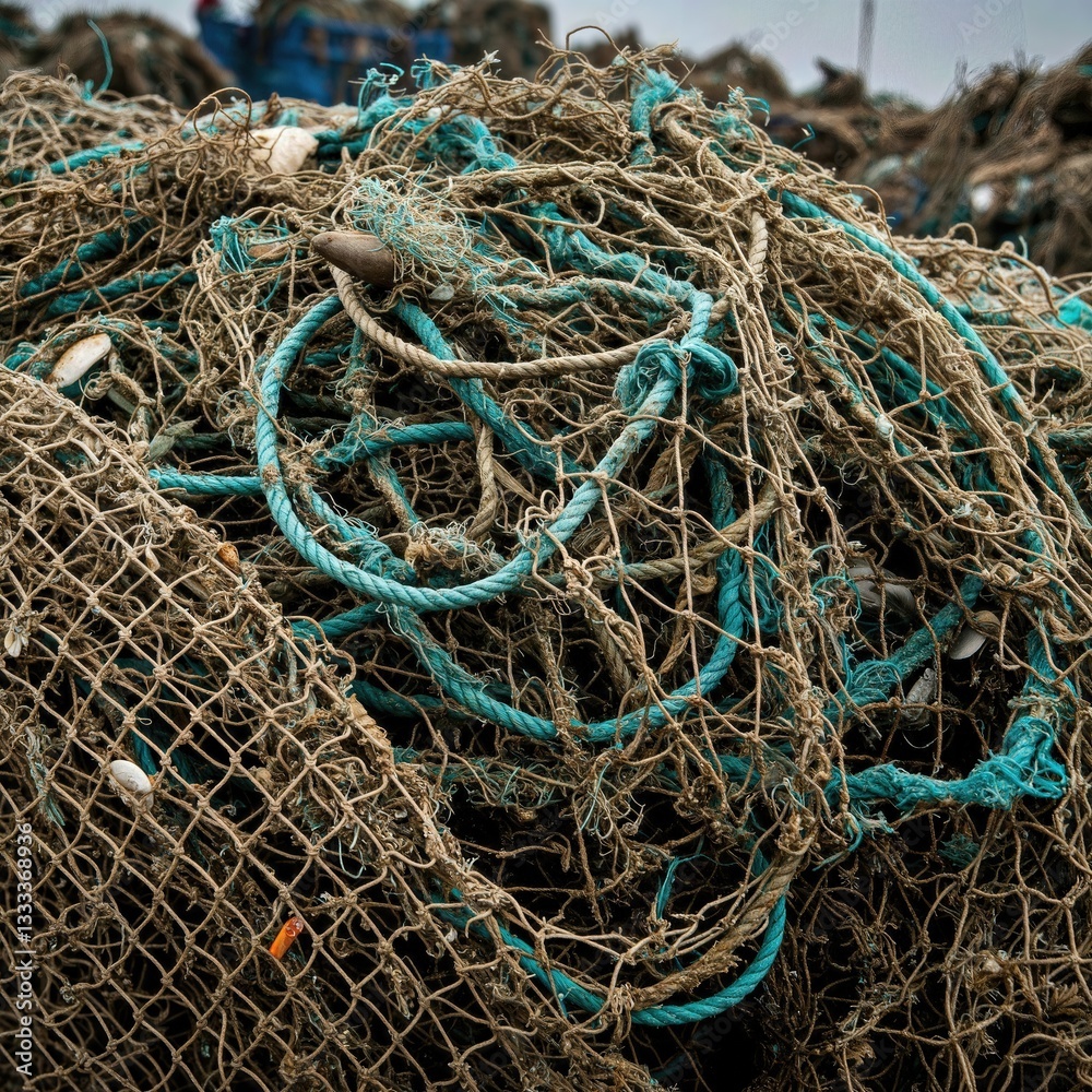 Close-Up of Discarded Fishing Nets with Ropes and Floats in Maritime Setting Close-Up of Discarded Fishing Nets with Ropes and Floats in Maritime Setting