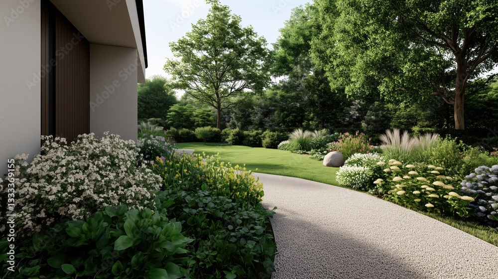 Obraz premium A walkway is surrounded by a lush garden with a white house in the background. The garden is full of flowers and plants, creating a peaceful and serene atmosphere