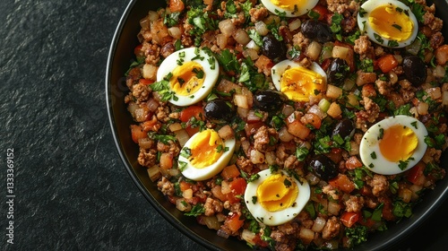 Fototapeta Naklejka Na Ścianę i Meble -  Savory, spiced ground meat dish with eggs and olives