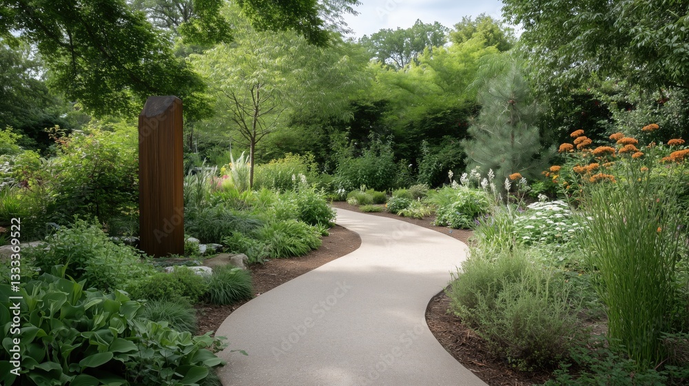 A path through a garden with a large sculpture in the middle. The sculpture is made of wood and is surrounded by plants. The path is made of gravel and is lined with shrubs and flowers