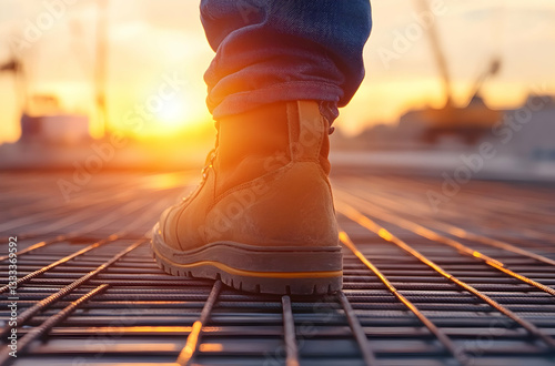 Worker Walking on Steel Grating at Sunset with Vibrant Orange Skies and Industrial Landscape in a Construction Environment