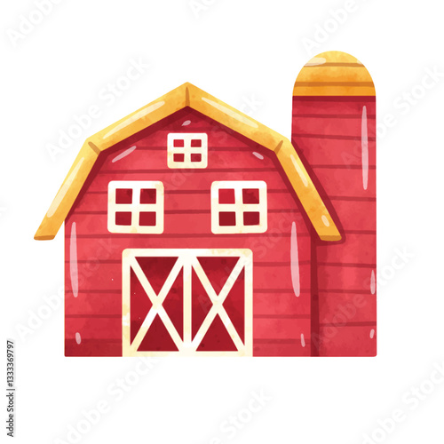 Red barn with silo illustration vector, barn clip art, hand drawn watercolor painting of farm barn building, clip art barn