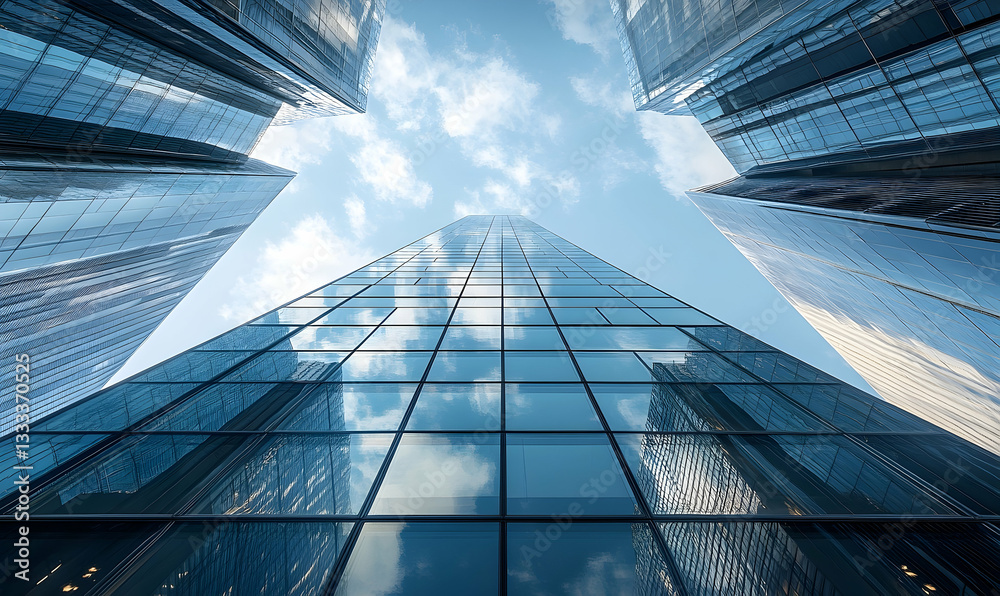 Obraz premium Tall skyscrapers reflecting clouds in a vibrant urban setting, showcasing modern architecture