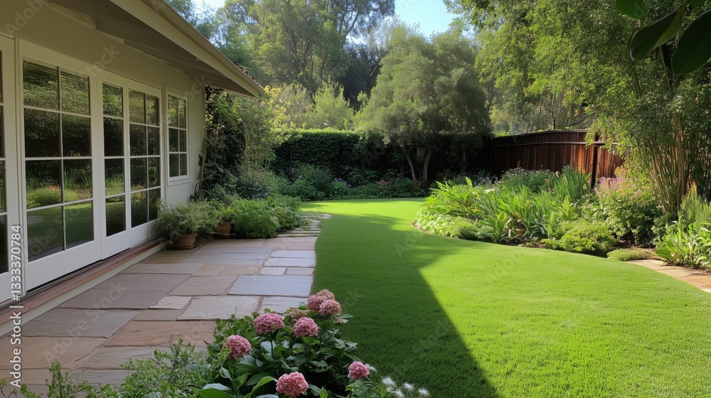 Naklejka premium A house with a large yard and a patio. The yard is lush and green, with a few potted plants and flowers. The patio has a stone floor and a fence in the background