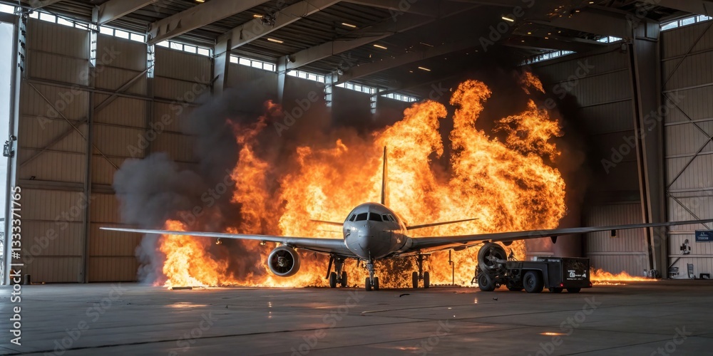 Fire engulfs aircraft in hangar during emergency response drill at airport facility