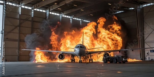 Obraz na płótnie Fire engulfs aircraft in hangar during emergency response drill at airport facility w salonie