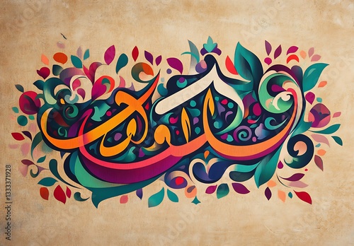Colorful Arabic Calligraphy with Floral Patterns on Beige Background