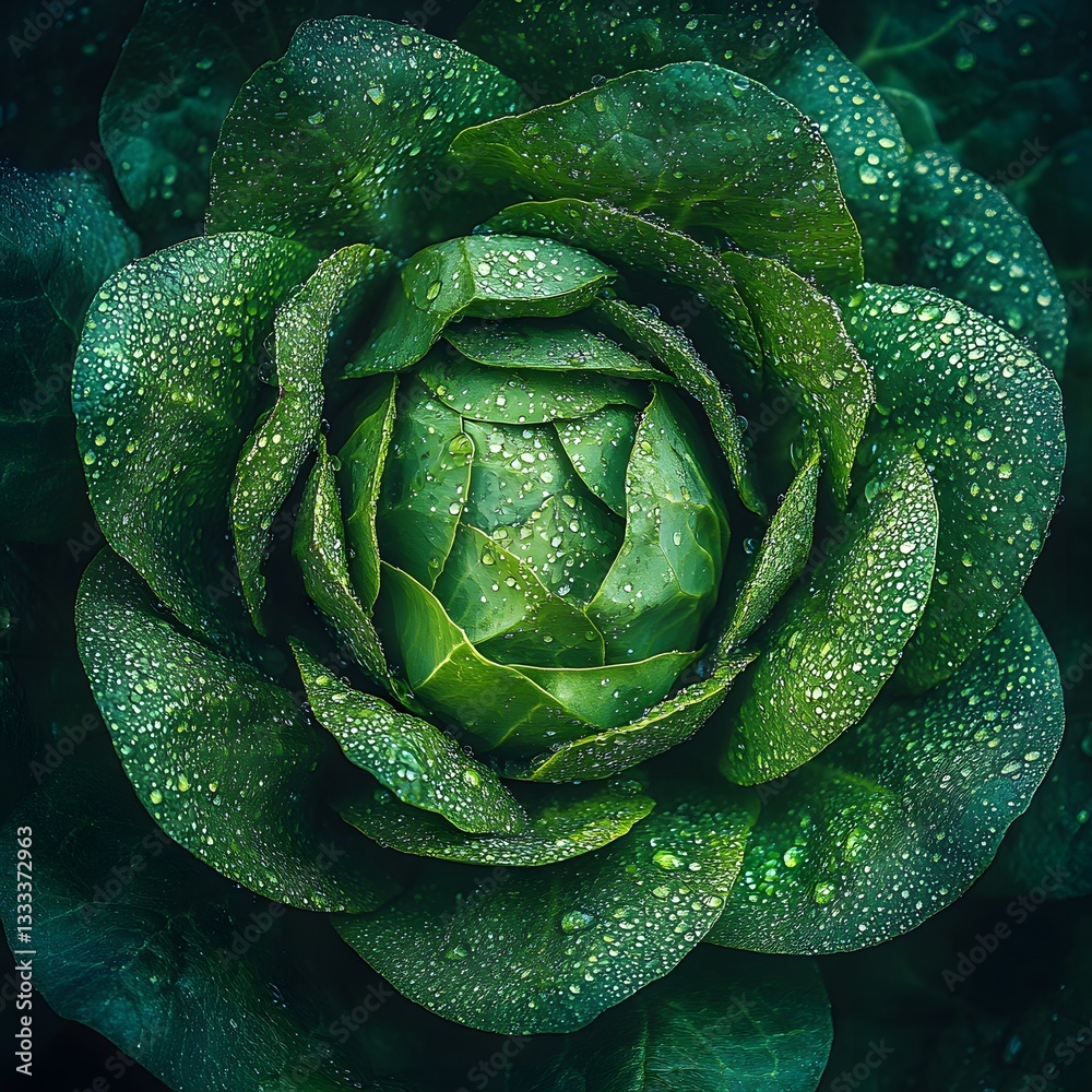 Fototapeta premium Vibrant Green Lettuce Head Dew Drops Closeup