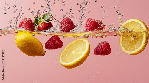 red fruits lemon and ginger falling in gas water
