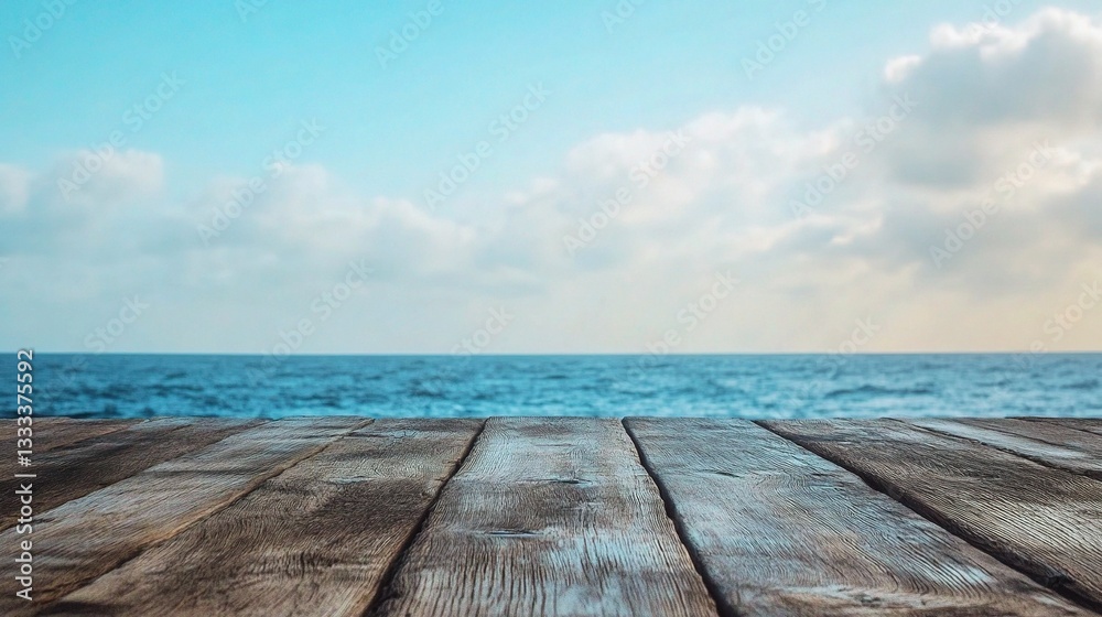 Fototapeta premium Empty Wooden Table with Ocean View Under Bright Blue Sky