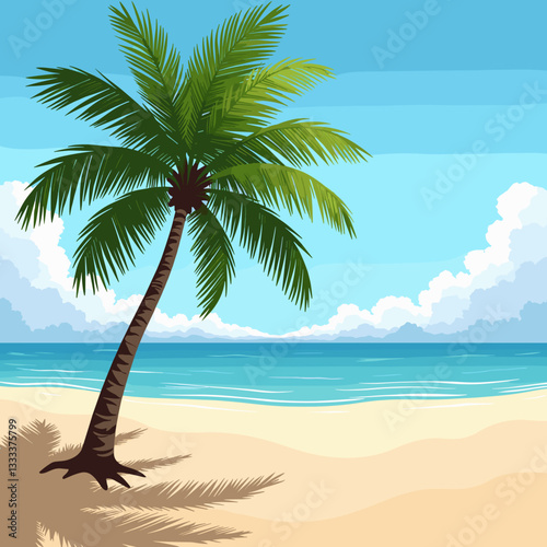 Tropical palm tree casting shadow on sandy beach, serene vacation vibe