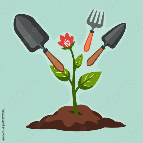 Garden tools floating above sprout in soil, nurturing growth