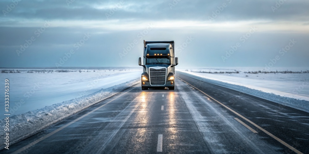 Truck driving on a snowy road under a cloudy sky at dusk in a remote winter landscape