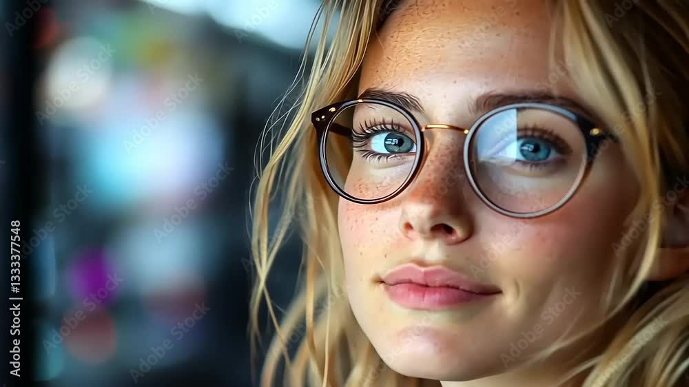Young woman with glasses smiling softly, surrounded by colorful bokeh lights in a cozy café Young woman with glasses smiling softly, surrounded by colorful bokeh lights in a cozy café