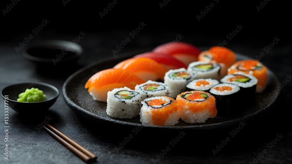 Japanese Sushi and Sashimi Platter with Soy Sauce and Wasabi Japanese Sushi and Sashimi Platter with Soy Sauce and Wasabi