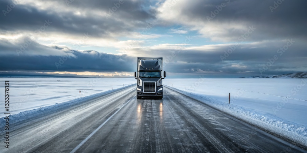 Truck travels on icy road in a remote landscape during overcast weather