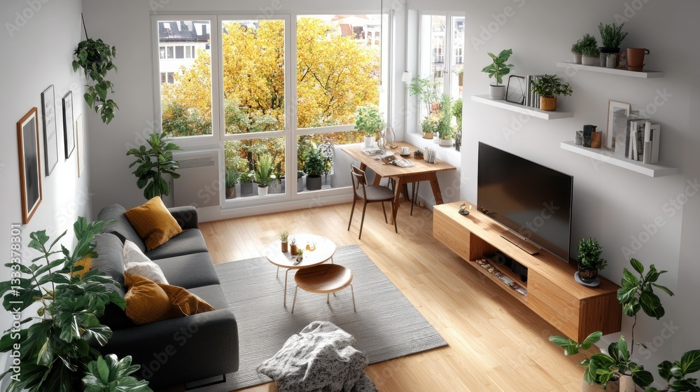 Obraz premium Modern apartment living room, autumn view, plants, cozy interior