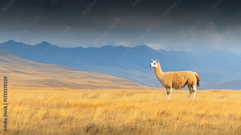 Fototapeta premium Llama in Golden Grassland Under Dramatic Sky with Mountain Background