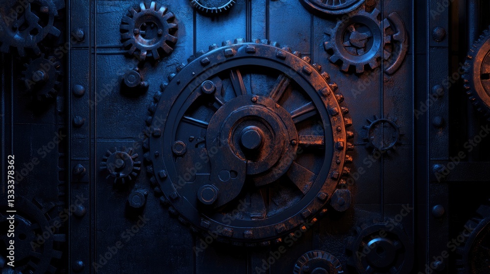 Fototapeta premium Industrial Gears and Cogs Design with Dark Blue Lighting Effects