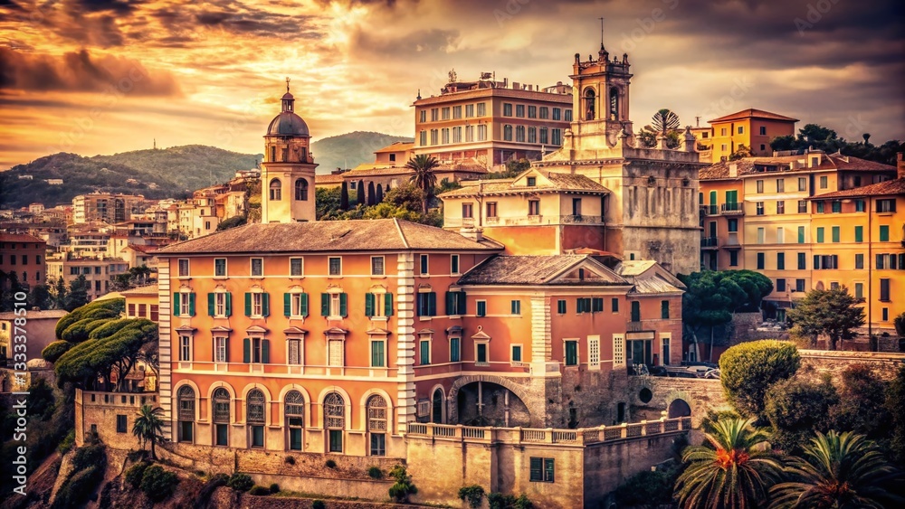 Fototapeta premium Vintage Genoa: Historic St. George's Palace, Italy - Sepia-toned Architectural Stock Photo